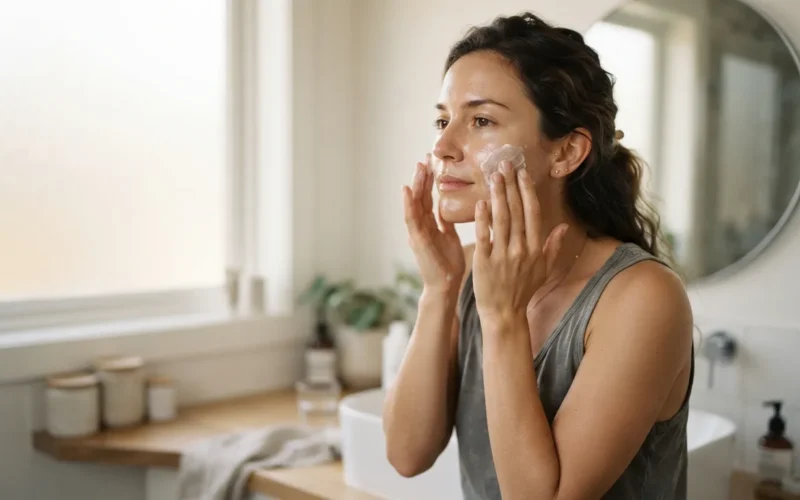 a woman applying skincare products to her face in a bathroom