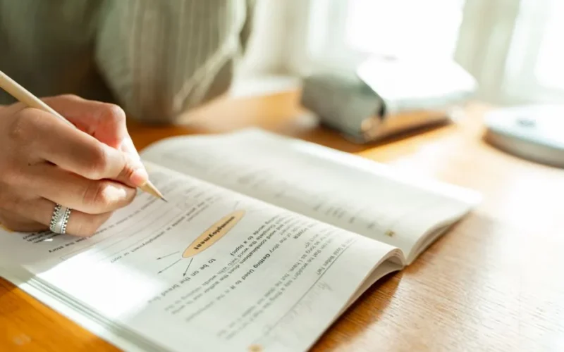 A student takes notes while studying at a sunlit desk with an open textbook.