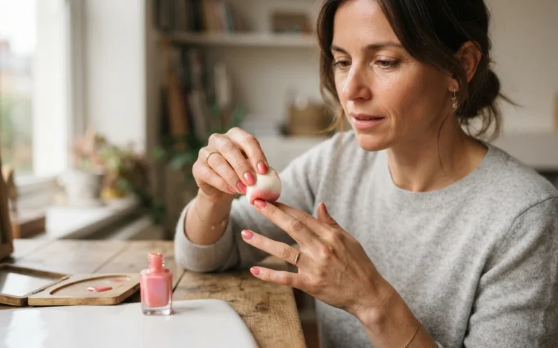 a woman applying nail polish with a sponge