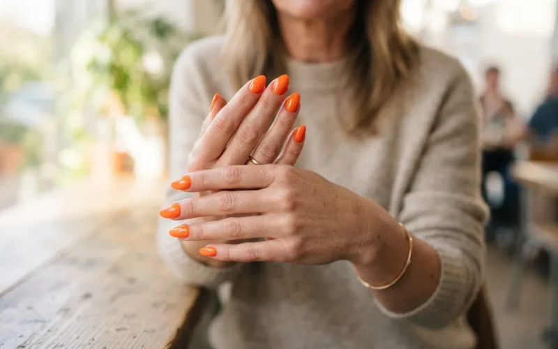 a woman showing her hands with bright orange nail polish