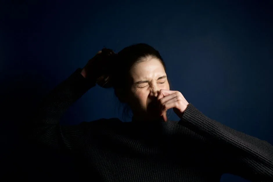 A woman in a dark sweater sneezes against a solid blue background, capturing a moment of candid expression.