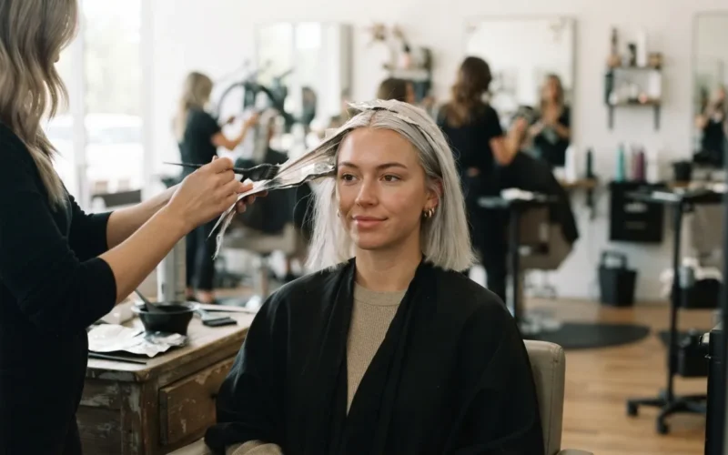 a woman with platinum blonde hair at a hair salon