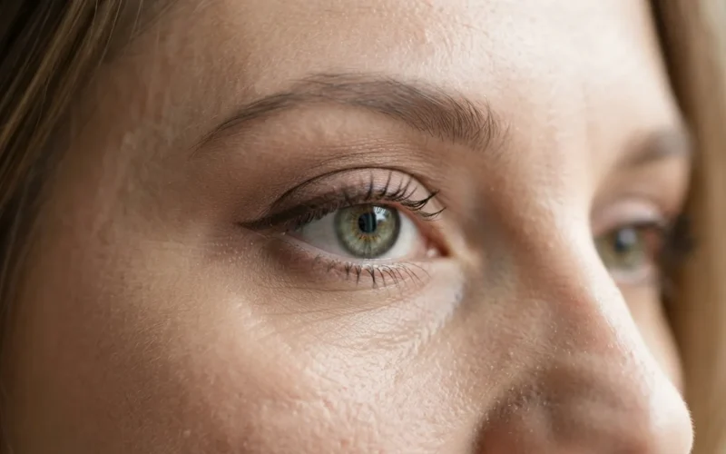 a woman's eye with visible eyeshadow and eyeliner