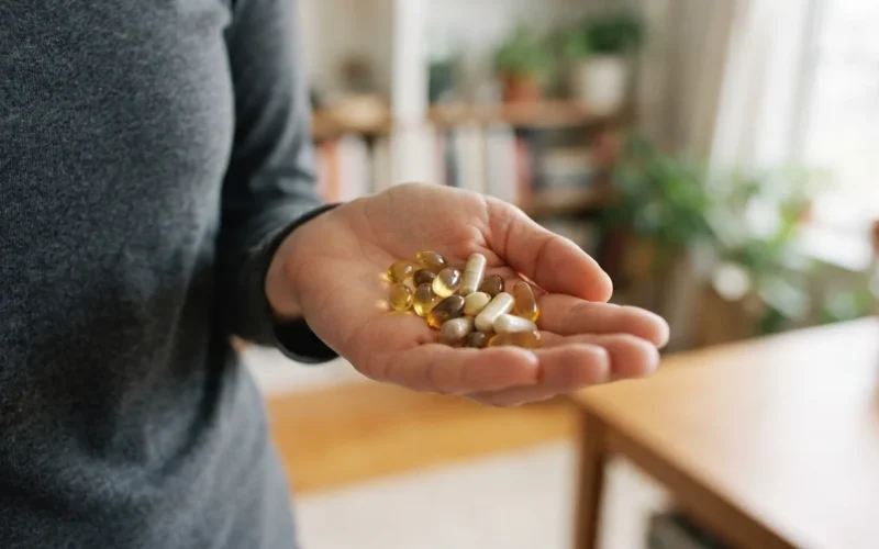 a person holding a handful of supplement capsules