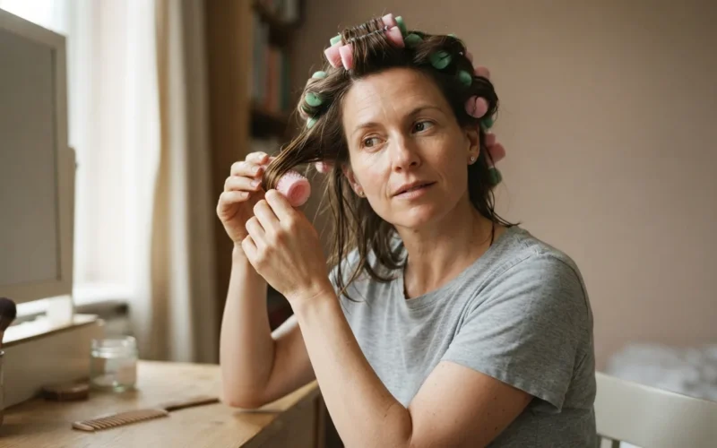 a woman styling her hair with foam rollers