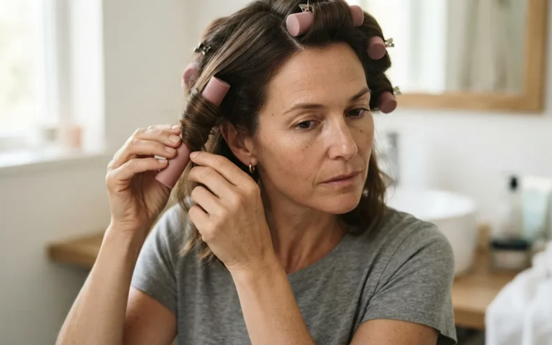 a woman wrapping her hair around a soft roller