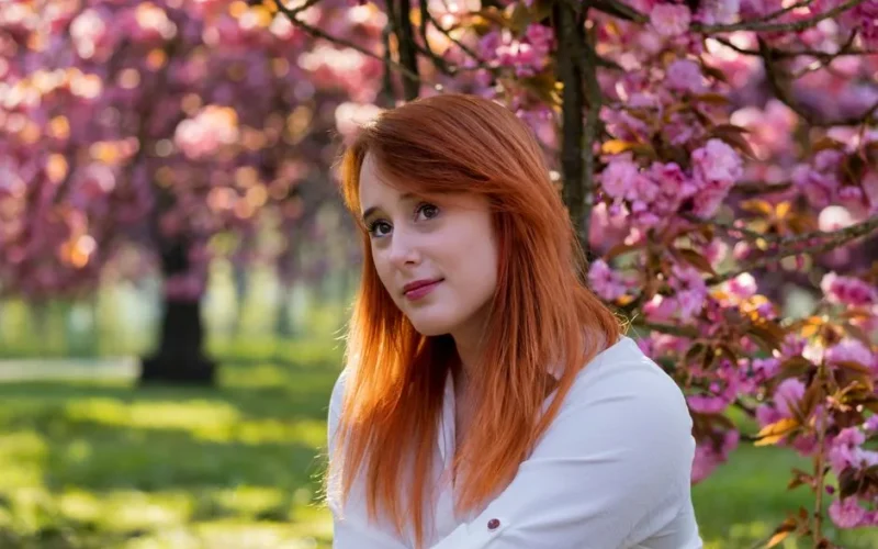 Young woman with red hair under cherry blossoms during spring.