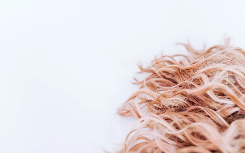 Detailed close-up of wavy blonde hair texture on a light background, showcasing elegance and style.
