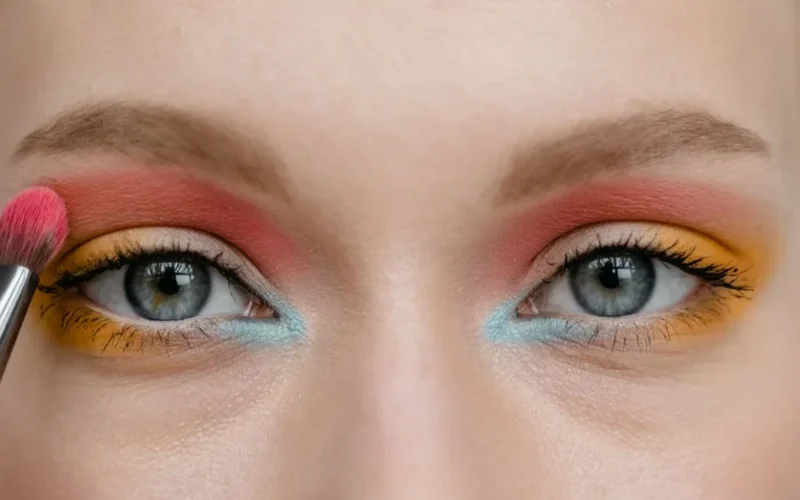 Close-up of eyes with vibrant multicolored eyeshadow and a makeup brush.