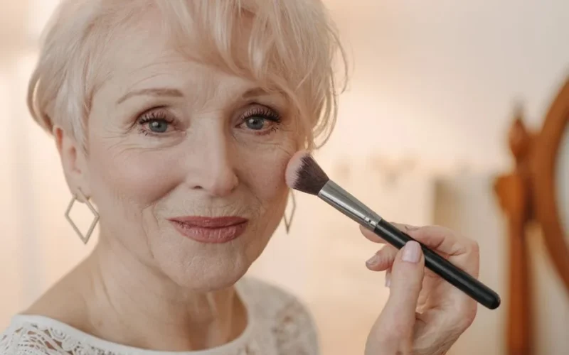 A senior woman with short hair applies blush with a smile indoors.