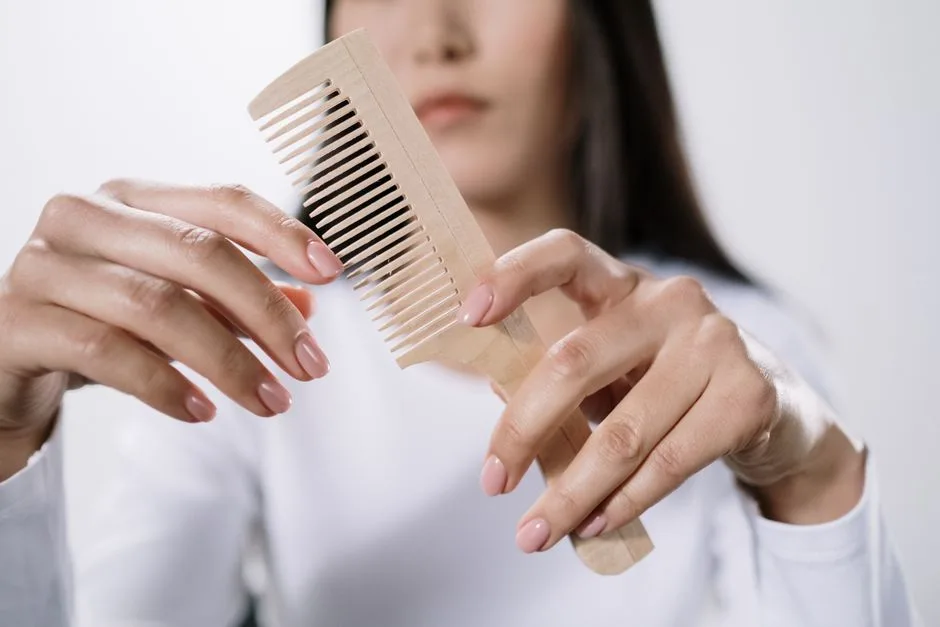 A woman holding a wooden comb with focus on her hands and the comb, promoting natural grooming.