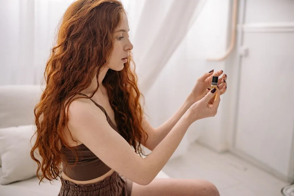 A young woman applying essential oil as part of her face care routine indoors.