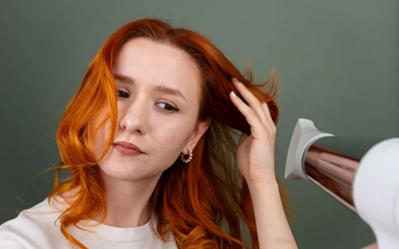 Close-up of a woman using a hairdryer to style her long red hair indoors.